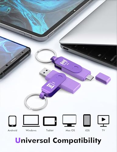 Image of MOSDART 64GB USB C 3.2 Fast Speed C and A Dual Flash Drive, exFAT Memory Stick with Keychain and LED Indicator, for iPhone 15,16,17, Android Phone, iPad, MacBook, and Other Laptops, Purple