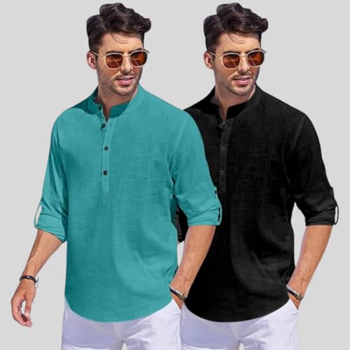 Image of Bellstone Men's Cotton Blend Straight Kurta Shirt Combo with Mandarin Collar - Slim Fit Casual Short Kurti Set Featuring Textured Slub Fabric and Roll-Up Full Sleeves