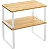 SONGMICS Spice Rack, Set of 2 Cupboard Shelf Organiser, Expandable Kitchen Shelf Organiser, Stackable Spice Holder, Metal and Engineered Wood, White and Natural KCS02NW