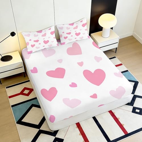 Drap housse cœur rose 90x200x25cm en microfibre imprimée 3D
