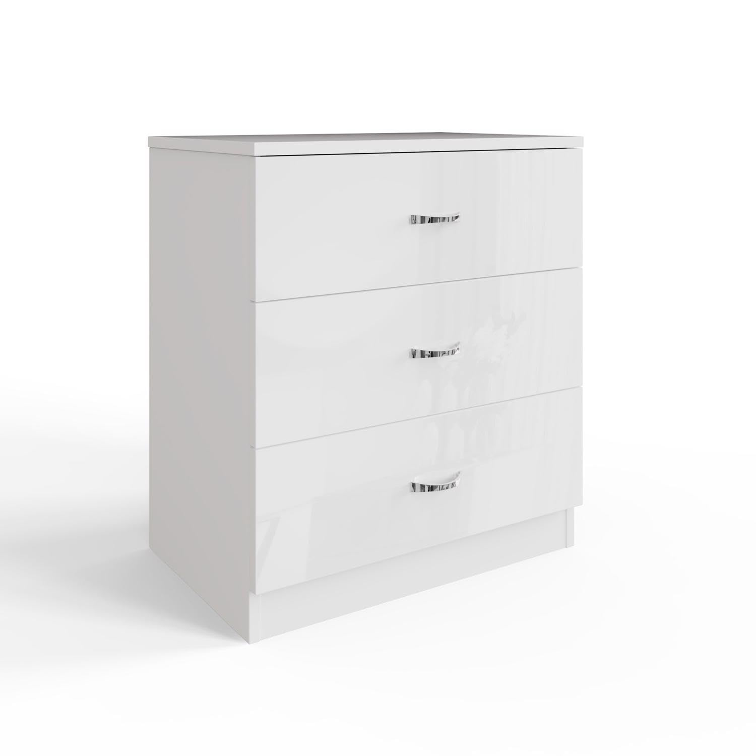 FWStyle White Gloss 3 Drawer Chest. Large drawers. Matt White Frame. W60 x D40 x H68.5cm