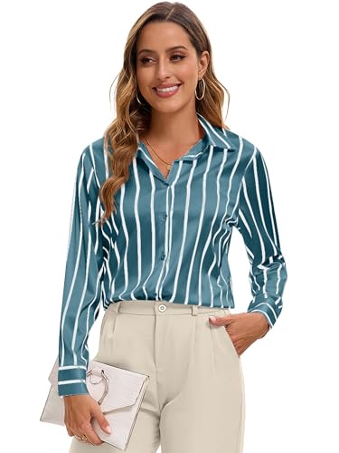 Image of Premium Soft Breathable Stretch Satin Silk Button Down Shirts for Women Long Sleeve Leopard Blouses Work Dress Tops