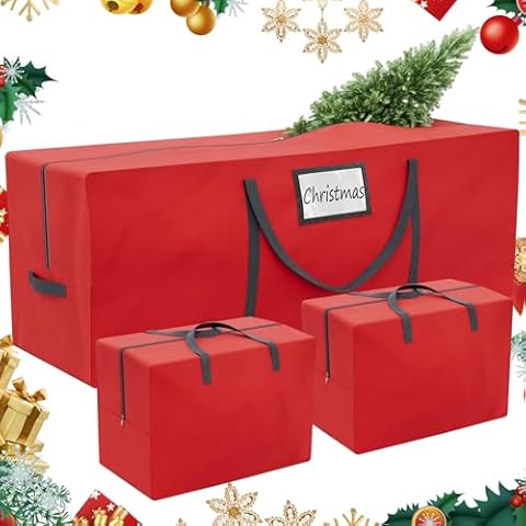 Falflor 3Pcs Christmas Tree Storage Bag 9Ft 600D Oxford Waterproof Christmas Storage Bag with Handles Xmas Ornament Storage Bag（Red） Cover