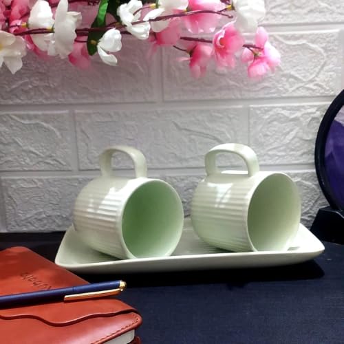 Image of Premium Ceramic Coffee Mug Set with Tray | Mugs 300 ml (Set of 2) with Matching Serving Tray | Modern Stoneware Cups | Ideal for Tea, Coffee & Gifting (Green)