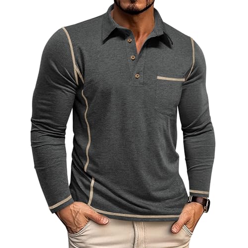 Mens Fashion Polo Shirts Classic Long Sleeve Basic Button Tees Stylish Tops Golf Shirts with Pocket - Main Image