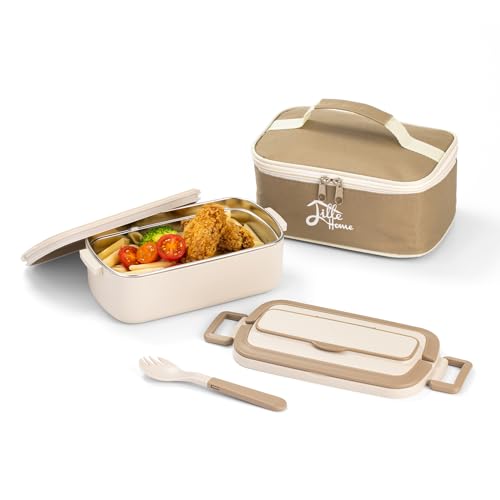 Lille Home Stainless Steel Bento Lunch Box for Adults, 34oz Portable Food Container with Lunch Bag and Utensils, Ideal for Meal Prep and On-the-Go (Beige)