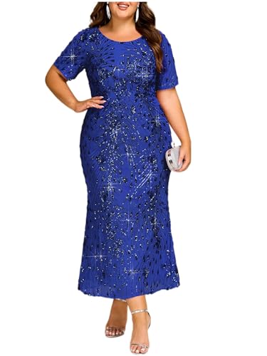 Image of Ever-Pretty Plus Women's Short Sleeves Bodycon Sequin Ball Gown Maxi Plus Size Formal Evening Dresses Vestidos De Fiesta