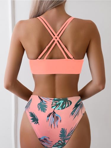 Image of Fanuerg Women's Sexy V Neck Bikini Sets Hollow Out Two Piece Swimsuits Cutout Mid Waist Bathing Suit