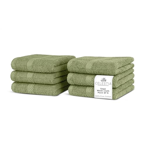 Image of Villa Celestia Cotton Washcloths Set of 6, 12x12 Inch, 100% Ring-Spun Combed Cotton, Soft Absorbent Quick-Dry Wash Cloths for Face and Body, Oeko-TEX Certified, Hotel & Spa Quality, Sage