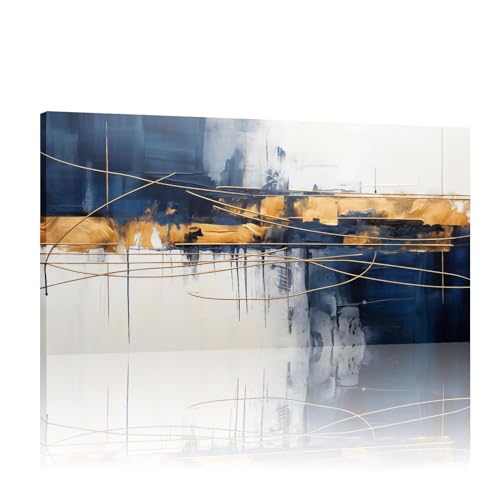 Peinture bleue dorée premium grand format avec cadre pour décoration chic