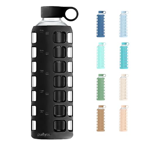 purifyou 40oz / 32oz / 22oz / 12oz Borosilicate Glass Water Bottle with Time & Volume Markers, Silicone Sleeve, Stainless Steel Lid | Reusable Glass Bottle for Water & Juice (40oz Jet Black)