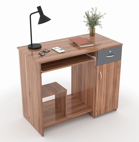 Image of 45x90x76CM Engineered Wood Study & Office Table with Drawer, Cabinet Storage & Keyboard Tray | Sturdy, Foldable DIY Multipurpose Table- Lyon Walnut with Grey