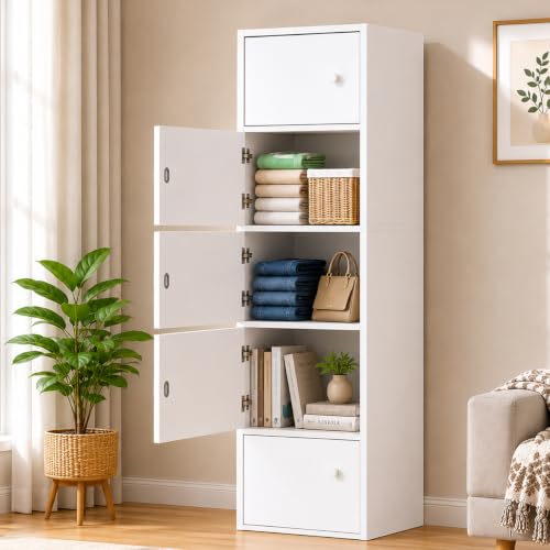 Image of 5-Door Morden Wooden Collapsible Wardrobe for Storage /Space Saving Wooden Wardrobe with Doors /Collpsible Storage Organiser /Living Room -Mapple (White, 5 Layer)