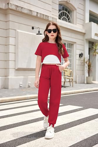Arshiner Girls 3-Piece Outfit Set High Low Hem Overlay Top, Cami, and Sweatpants for Kids 6-13 Years - image 2