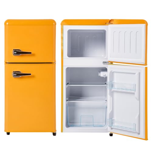 Refrigerador con congelador, puerta doble, estantes de vidrio ajustables, control de temperatura de 7 niveles para dormitorio, oficina y apartamento.,Yellow
