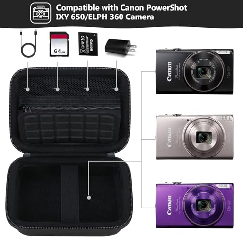 Image of Camera Case for Canon PowerShot ELPH 360 HS A, IXY 650 /ELPH 360 Camera Protective Case Storage Holder Travel Bag with Wrist Strap, Mesh Pocket for Battery Pack, USB Cable, Black