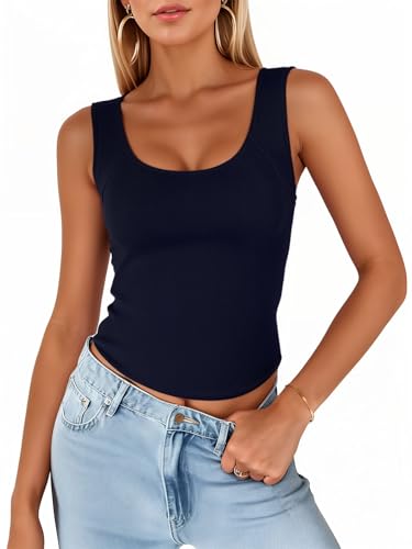 QUEZHU Women's Square Neck Sleeveless Slim-Fit Tank Ribbed Summer Solid Color Basic Tight Tank Tops