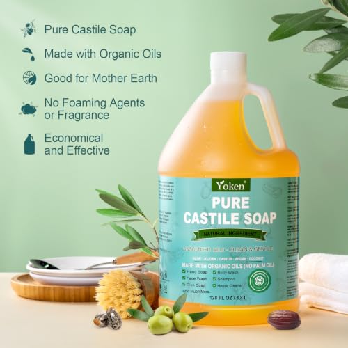 Image of Yoken Pure Castile Liquid Soap 128 Oz Unscented Body Wash Dishes with Pump | No Fragrance Vegan Natural Laundry Dishes Mild Sensitive Skin Travel Camp Soaps Body Bath Hand Wash Bulk Size Refill 3.8 L
