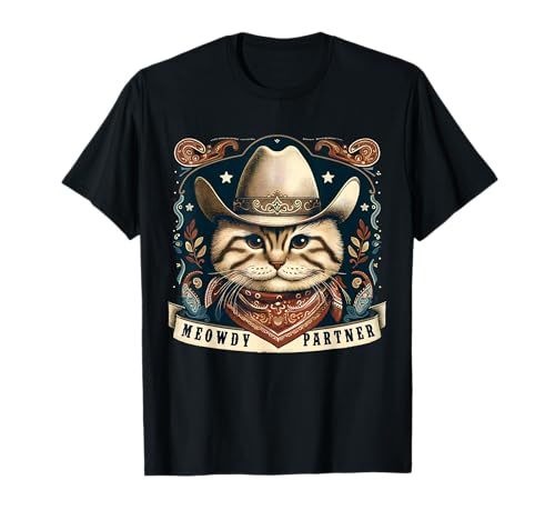 Meowdy Partner Cat Cowboy Hat Howdy Funny Country Western T-Shirt