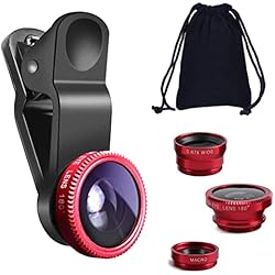 Lente Ojo De Pez Gopro KINGMAS 3 en 1 Universal Fish Eye & Macro Clip Kit de Lente de cámara para iPad iPhone 7 6 5 Samsung Blackberry HTC y la mayoría de Smartphones (Rojo)