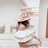 SRZYMJ Rosa Hochzeitshut Vintage 50er Jahre Damen Chic Capeline Kirche Elegant Fascinator Hut Sonnenhut mit Schleier Band aus Netzstoff Feder Blumen für Cocktail Braut Zeremonie Sonnenhut