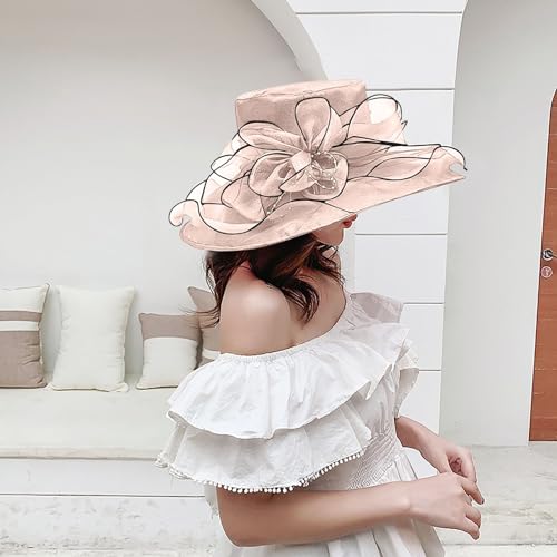 SRZYMJ Rosa Hochzeitshut Vintage 50er Jahre Damen Chic Capeline Kirche Elegant Fascinator Hut Sonnenhut mit Schleier Band aus Netzstoff Feder Blumen für Cocktail Braut Zeremonie Sonnenhut