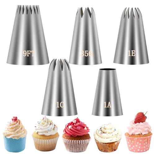 5 Stück Spritztüllen Groß Edelstahl Tüllen Groß Set Wiederverwendbar Profi Nahtlos Düsen Tüllen für Spritzbeutel Spritzsack Sahne Spritztülle für Kuchen Torten Keksen Dekoration(1a 1e 1c 9ft 356)