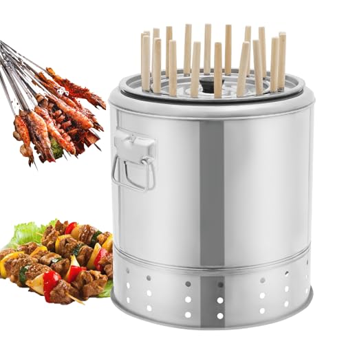 Przenośny grill na węgiel drzewny ze stali nierdzewnej z 20 szpikulcami i tacą na szpachlę, duża pojemność, wiadro na węgiel drzewny i zestaw akcesoriów do grillowania