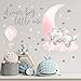 Yovkky Girls Sleeping Elephant Dream Big Little One Nursery Wall Decals Stickers, Watercolor Pink Moon Hot Air Balloon Grey Star Crib Decor, Home Baby Shower Toddler Room Decorations Kids Bedroom Art