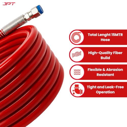Image of JPT 1 /4 inch 15M Airless Paint Sprayer Hose, High-Flex PVC with Stainless Steel Spring Guard, 3300 PSI (228 Bar) Pressure Handle, SS Threaded Connection for Professional Paint Spray Machines