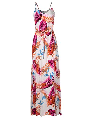 Leadingstar Women's Strap Boho Floral Beach Flowy Maxi Dress (Orange Leaf, S)
