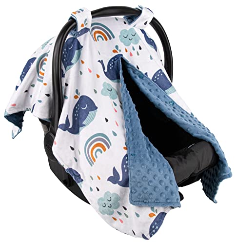 Image of Top Tots Deluxe Minky Baby Car Seat Cover - Whales on a Rainy Day, 40 x 29 Inch Blue