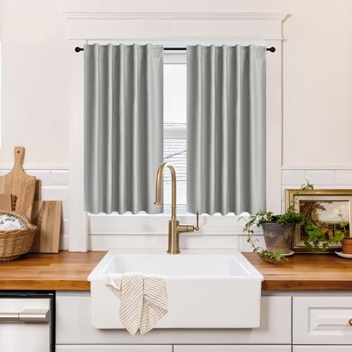 Image of RYB HOME 100% Blackout Basement Curtains 36 inches Long, Heat & UV Blocking Total Room Darkening Noise Reducing Back Tab Curtains for Bathroom RV Campers, Sliver Grey, 2 Panels Set