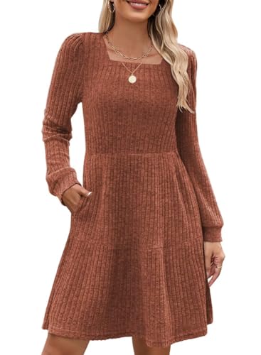Image of QACOHU Falll Dresses for Women 2026 Crew Neck Long Lantern Sleeve Casual Loose Flowy Swing Shift Dress