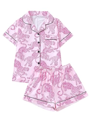 WDIRARA Women's Two Piece Animal Print Short Sleeve Button Shirt and Elastic Waist Shorts Pajama Set Hot Pink Medium