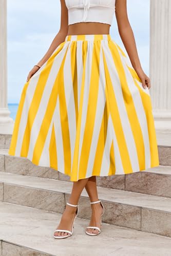 Image of Cicy Bell Womens Summer Striped Maxi Skirts A-Line Beach Vacation Outfits | Elastic Waist, Side Pockets, Flowy, Midi Length, Color Contrast, Trendy Casual