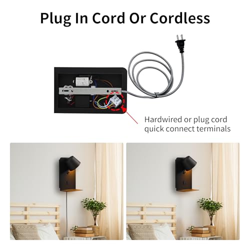 Image of DEC LUCE DECOLUCE LIGHTING Modern LED Plug in Wall Sconce, Dimmable Wireless Wall Light Fixtures with Shelf and USB Port, 6W,600LM, Rotatable Small Reading Wall Lamp for Bedroom Bedside, Black