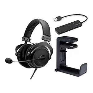 beyerdynamic MMX 300 2nd Generation Premium Gaming Headset Bundle with 4-Port USB 3.0 Hub and Hanger Mount (3 Items)
