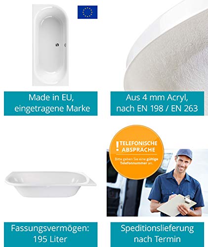 Calmwaters® Rechteck Badewanne Komplettset 180x80 cm mit Schürze, Wannenfüßen & Ablaufgarnitur, Acrylwanne Honest linkes Modell, Duowanne für 2, Set Badewanne komplett 180 x 80 cm Weiß, 99000049157