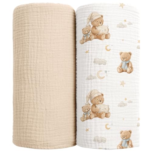 Image of lulumoon Muslin Swaddle Blankets for Baby: Soft Cotton Newborn Receiving Blankets - Plaid Print Nursery Gift Set for Baby Girls(Bear)