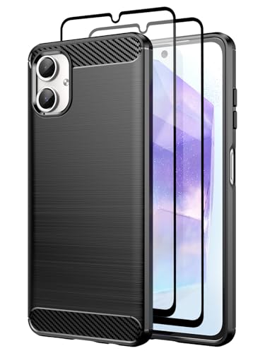 Teayoha Case for Samsung Galaxy A06 with Tempered Glass Screen Protector [2 Pack] Carbon Fiber Scratch Resistant Shock Absorption Soft TPU Drawing Protective Cases Phone Cover Black
