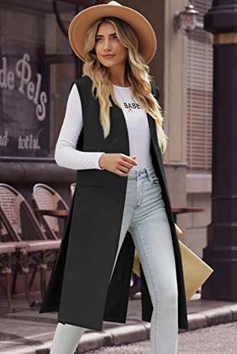 Asvivid Women's Long Vest Jacket Casual Sleeveless Pocket Office Blazer Outerwear Black L #TOP2