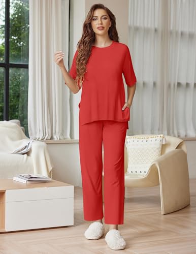 Image of Ekouaer Lounge Sets for Women Short Sleeve Tops and Long Pants Soft Comfy Pajamas Set 2 Piece Outfits