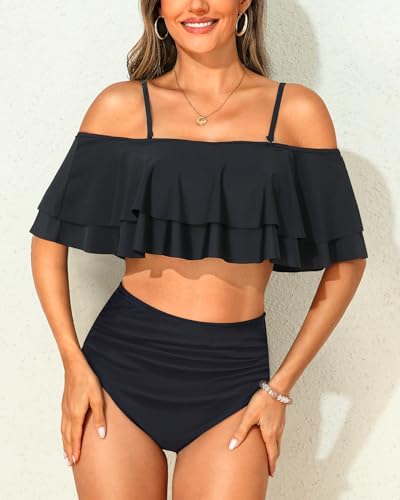 Tempt Me Women Two Piece High Waisted Bikini Set Swimsuit Off Shoulder Ruffle Bathing Suits Tummy Control Ruched Swimwear2