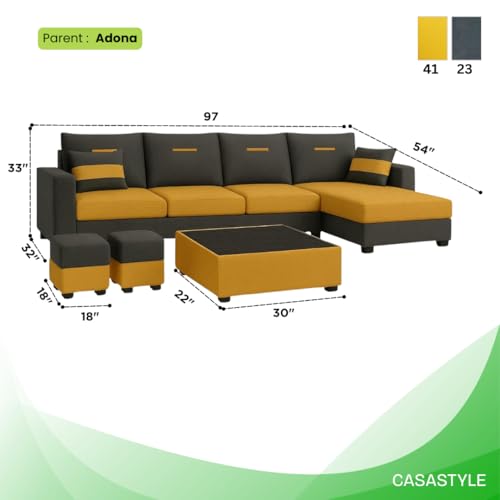 Image of CASASTYLE Dreamon 8 Seater Fabric RHS L Shape Sofa Set with 1 Centre Table & 2 Puffy (Yellow-Dark Grey) | Velvet Finish | Comfortable Sectional Sofa for Living Room