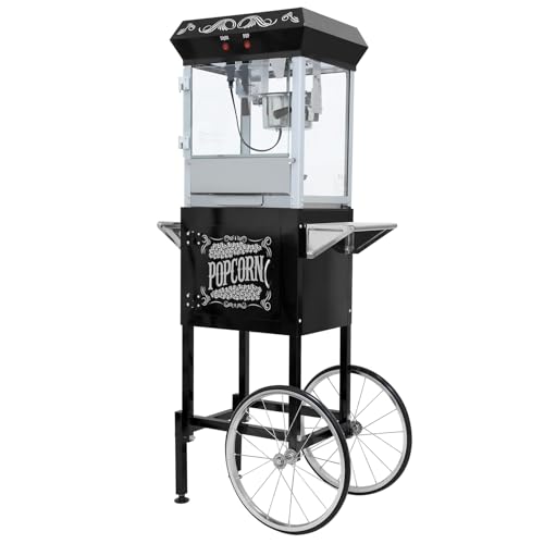 Image of Commercial Popcorn Machine with Cart in Sleek Black - 8oz Kettle Pops 32 Cups /Batch, with Warming Lamp, Glass Door & Wheels for Theater, Parties