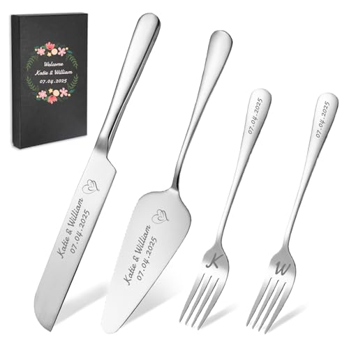 HJX Personalized Cake Knife and Server Set for Wedding - Engraved Stainless Steel Cake Cutting Set, Custom Elegant Cake Cutter Gift for Anniversary Birthday (06-4PC set)