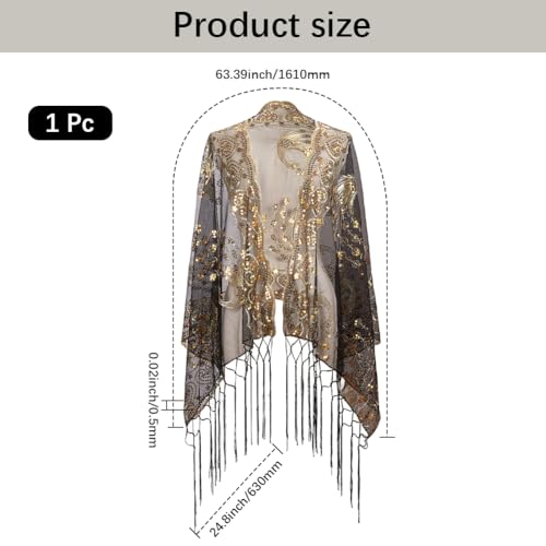 Black Floral Lace Shawl Wraps Sparkly Sequin Fringe Tassel Scarf with Gold Flower Peacock Patterns Vintage 1920S Long Chiffon Pashmina Shawls for Women Evening Dress Formal Wedding Party2