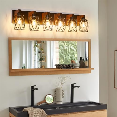 Image of RVONOW 6-Light Farmhouse Vanity Light Fixtures Over Mirror, Black with Cage Metal Shade, Vintage Rustic for Bathroom, Hallway