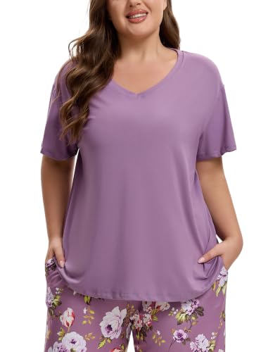 Image of Plus Size Pajamas for Women Set, Womens Plus Size Short Sleeve V Neck Capri Pants Pajama Sets with Pockets